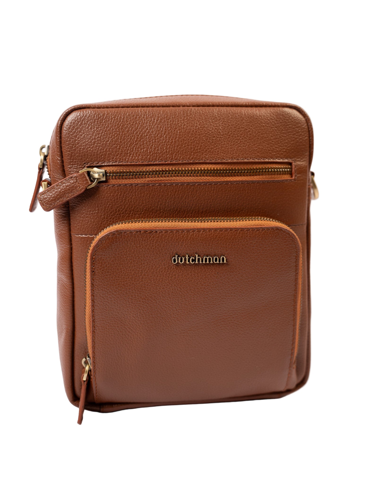 Brown leather crossbody bag with gold zipper on a white background