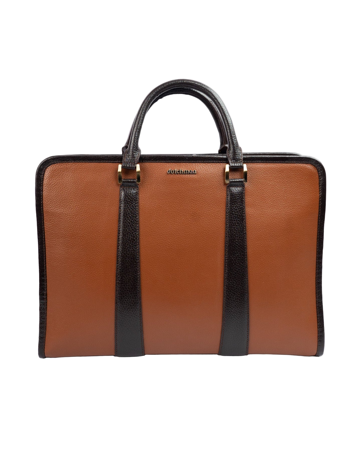 Brown leather briefcase with black straps on a white background