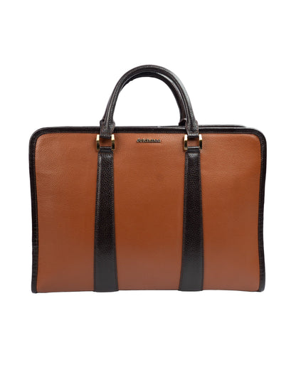 Brown leather briefcase with black straps on a white background